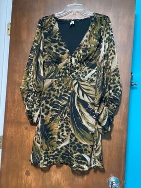 Olive Green Leaf & Leopard Print V-Neck Women’s Dress